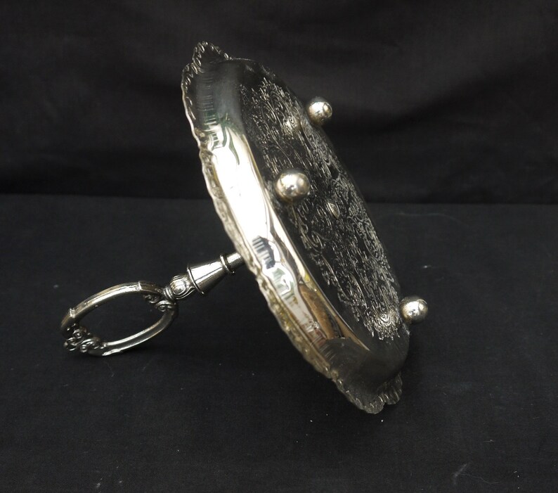Vintage silver plate tray with handle Silver dessert serving Stand cupcake Serving tray Ornate Small tray on the feet Embossed Decorative