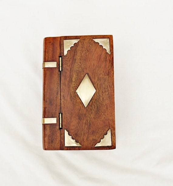 Vintage Wood & Brass Cigarette Box, Ornate Book Shape