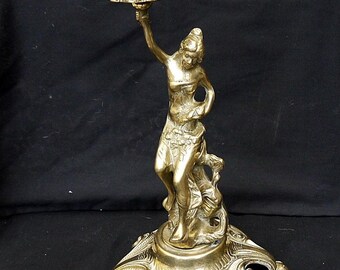 Art nouveau brass candle holder vintage solid brass candlestick with statue lady signed large candlestick ornate rare Reference number