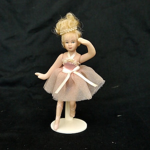 Vintage small porcelain doll ballerina with stand Collectible porcelain doll bisque pink satin  Whole porcelain doll  Mini doll collectors