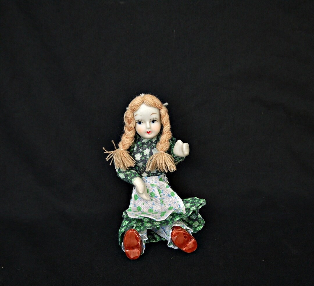 Vintage Porcelain Doll Very Old Porcelain Doll Green Floral Pattern
