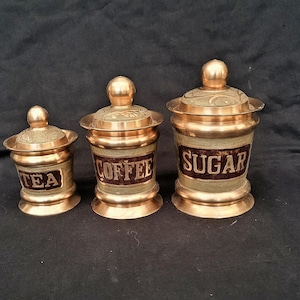 set 3 brass canister set tea sugar coffee vintage enamel kitchen storage solid brass jars pots canister retro heavy brass ornate farmhouse