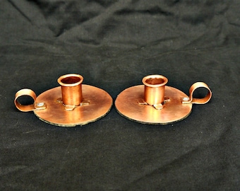 copper chamber sticks set x 2 antique pair copper candle holders hand made candlestick old candle holders with handle on finger vintage