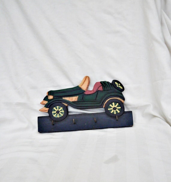 Vintage Holz Kleiderbügel Auto Modell geschnitzte Holz Wand Kleiderbügel  Form Auto handbemalt Kleiderbügel 4 Haken Wand Kleiderbügel für Kind Jungen  - .de