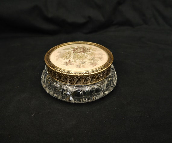 crystal glass and brass metal powder jar vintage … - image 10