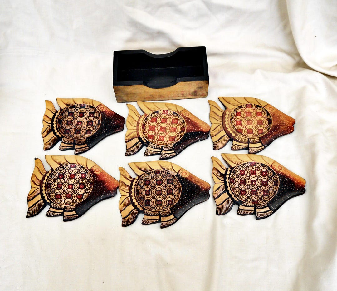 Vintage Wooden Fish Coasters Set: Carved Natural Wood, 7 Pcs - Etsy