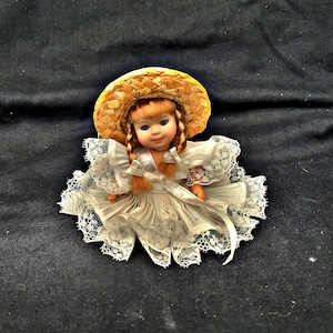 Vintage small porcelain doll Collectible porcelain doll  white lace Straw hat  porcelain doll  Mini doll collectors  little bisque doll