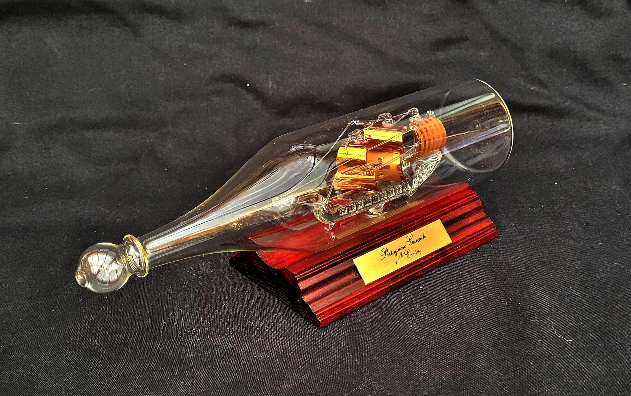 Ship in Bottle With Wood Stand Vintage Hand Blown Boat in Bottle 