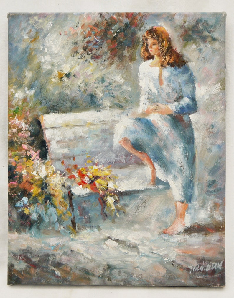 vintage original Ölgemälde Frauenbank Blumen signiert impressionistische mittlere Größe 80er Jahre romantische Szene Bild 2