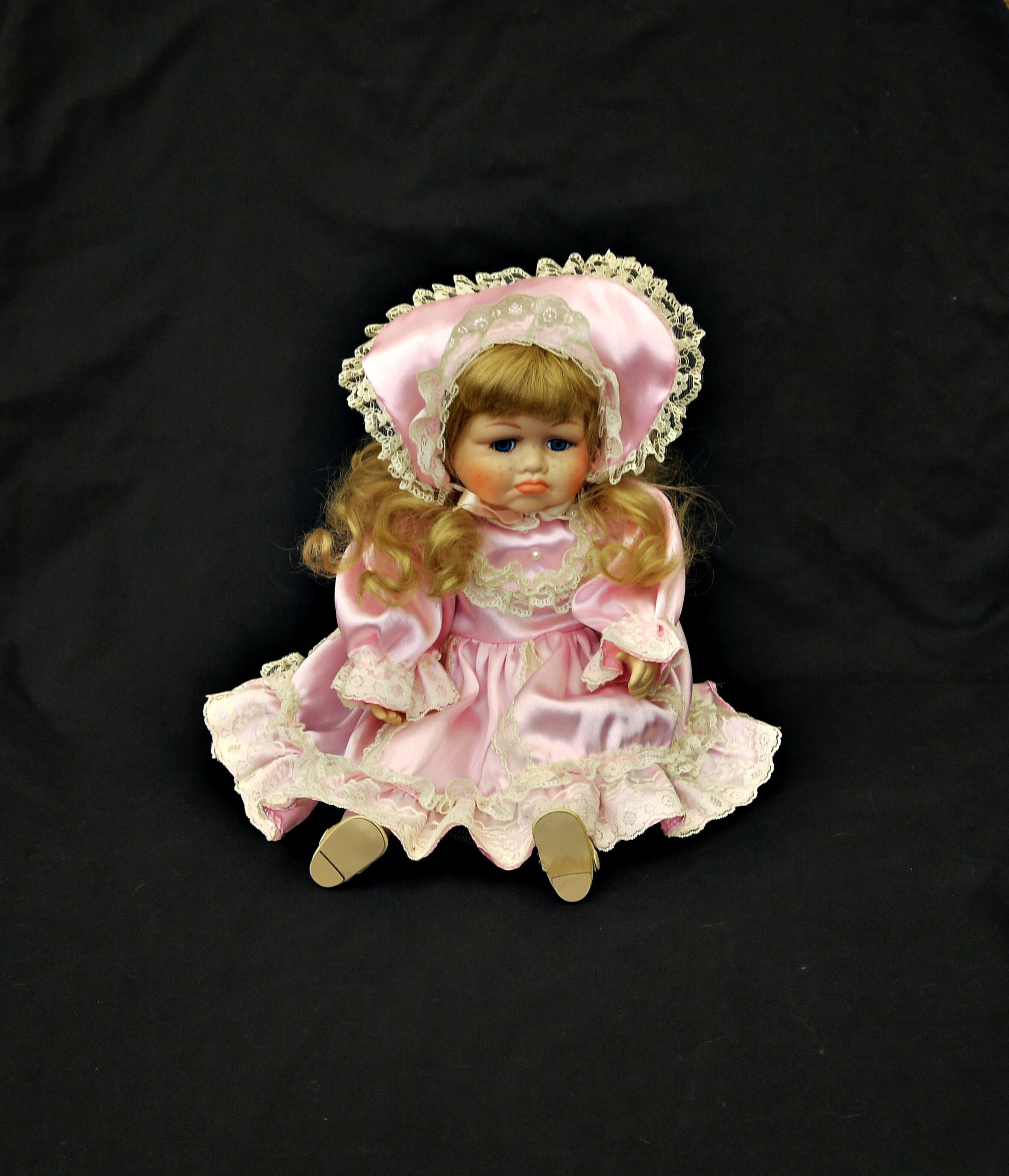 Vintage Porcelain Baby Doll: Pink Lace Dress, Blonde Hair (10