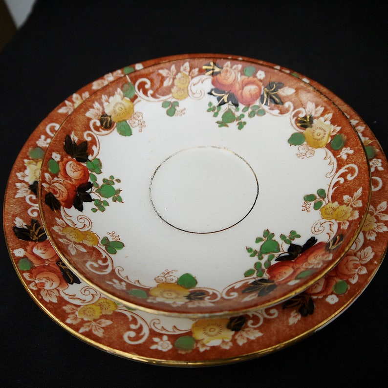 May include: A set of two vintage ceramic plates with a floral design. The plates feature a brown background with gold accents and a white center. The floral design includes roses, leaves, and swirls.