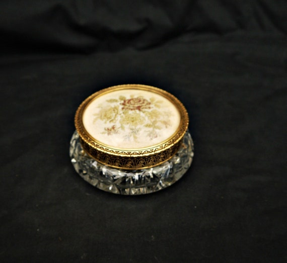crystal glass and brass metal powder jar vintage … - image 1