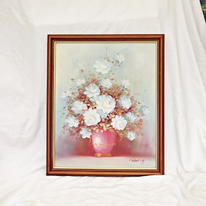 large original oil painting on canvas by Robert Cox vintage floral wooden frame 70s oil painting signed 57 cm x 47 cm Flowers  vase texture