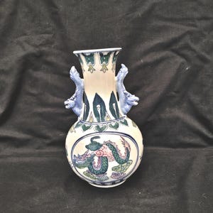 Chinese vase with dragon handles vintage hand painted blue white green pink ornate dragon oriental vase ceramic porcelain Chinoiserie