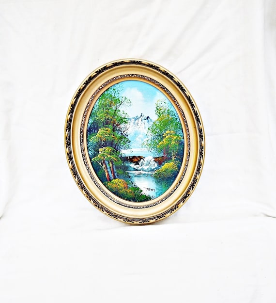 ヴィンテージのサイン入り油絵：金色の装飾フレームの風景画 - Etsy 日本