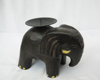 vintage hand carved wooden candlestick elephant candlestick for a pilar candle  one thick wooden  elephant back and gold candle holder decor