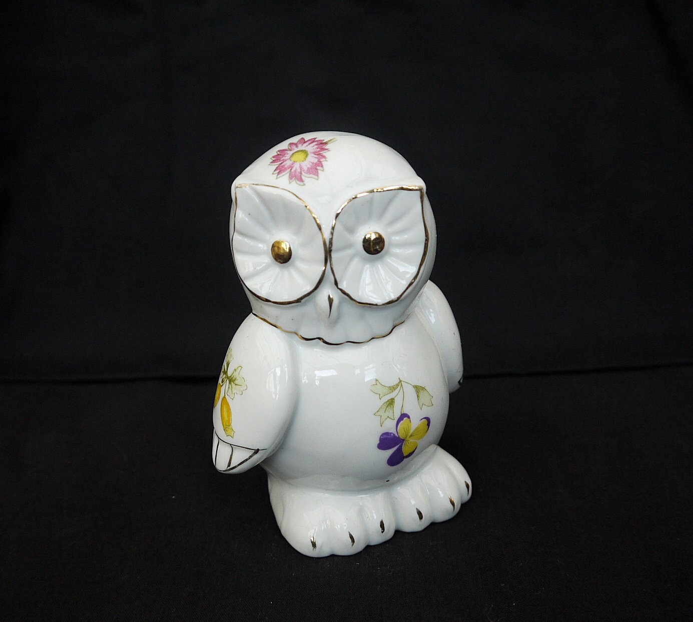 Vintage RFA Bone China Owl Figurine: 24k Gold Floral Decor