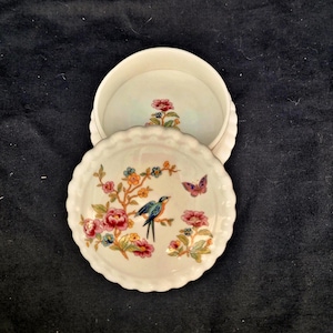 Fine Bone China Congleton jewellery box or trinket box porcelain round box vintage bone china jewellery box ornate  birds  flowers vanity