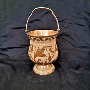 Vintage Brass Basket Planter: Enamel Floral Vase with Handle