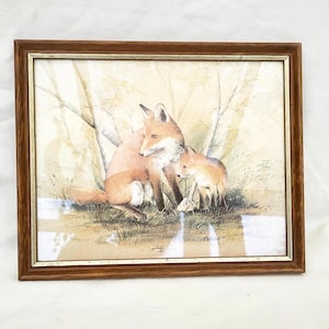 キツネの絵画 オリジナル水彩画 キツネ 額入り ヴィンテージ サイン入り絵画 壁掛け 木製フレーム 赤いキツネのアート キツネの壁飾り ミッドセンチュリー
