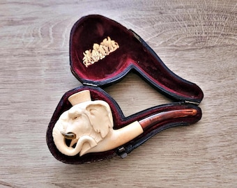 antique meerschaum pipe elephant motif figure with original case wood and leather