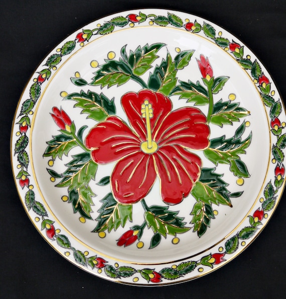 Greek Ceramic Plate: 24k Gold Hibiscus Wall Decor (10.2
