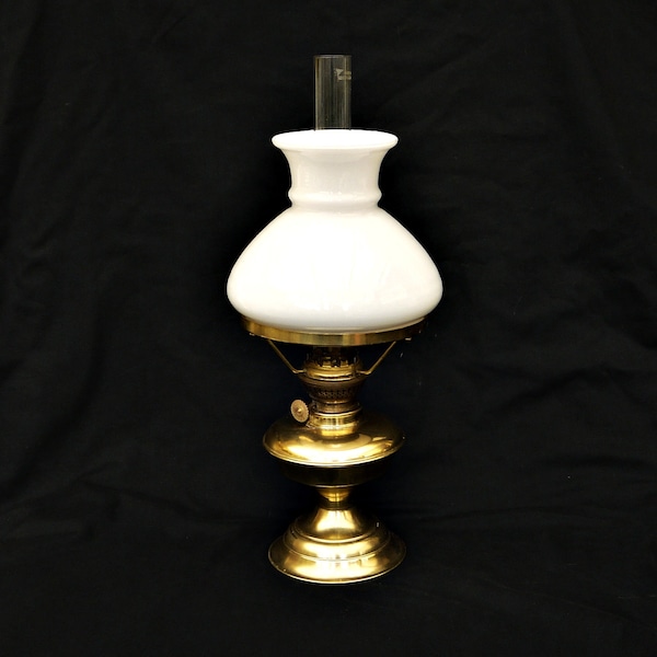 antique oil paraffin lamp Cosmo Brenner brass with glass shade and chimney stamped  kerosene with white glass shade  lamp Victorian French