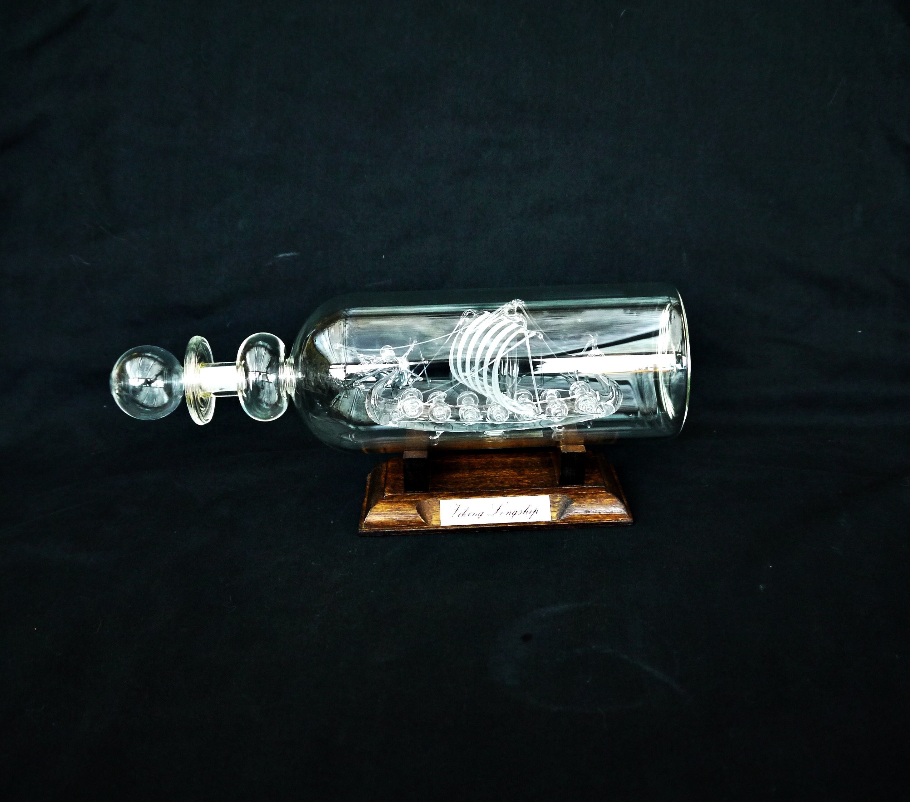 Hand Blow Ship in Glass Bottle With Wood Stand Vintage Viking
