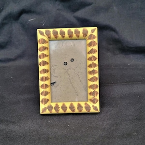 small wooden photo frame wall or stand frame ornate  vtg pale yellow and bronze handcrafted burnt in wood natural wood frame