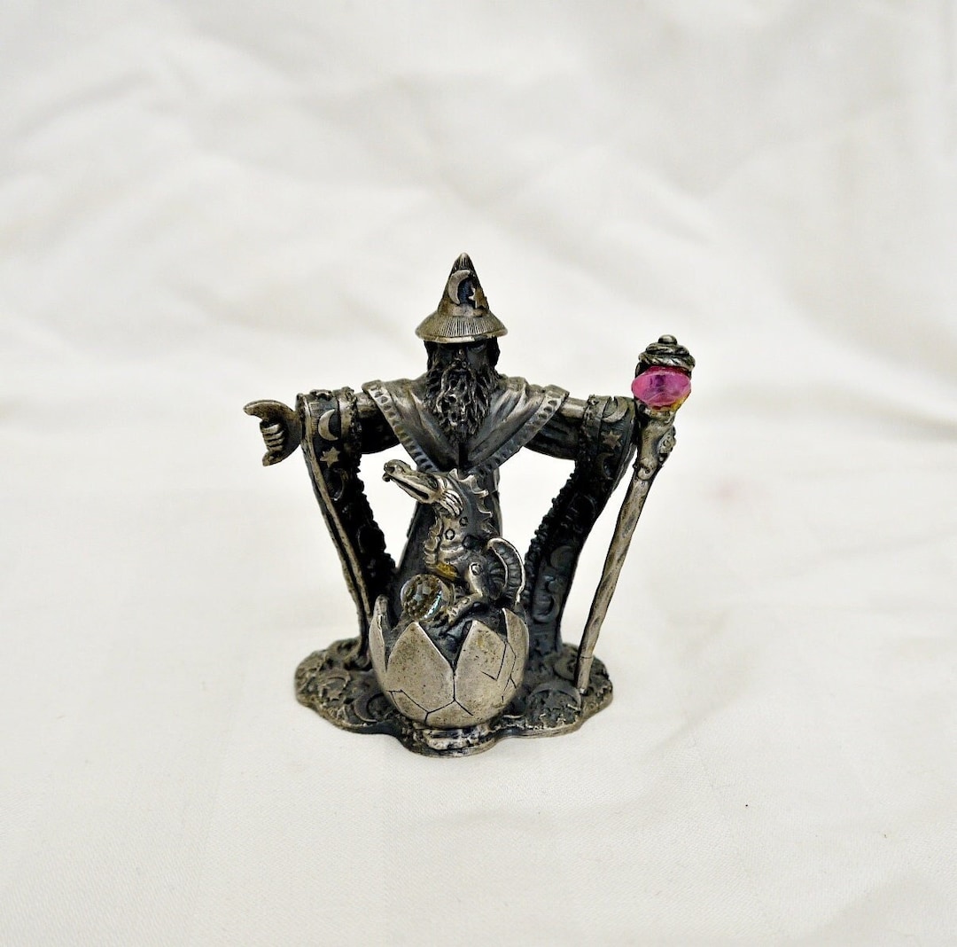 Pewter Wizard and Dragon Statue With Swarovski Crystal Vintage Figurine