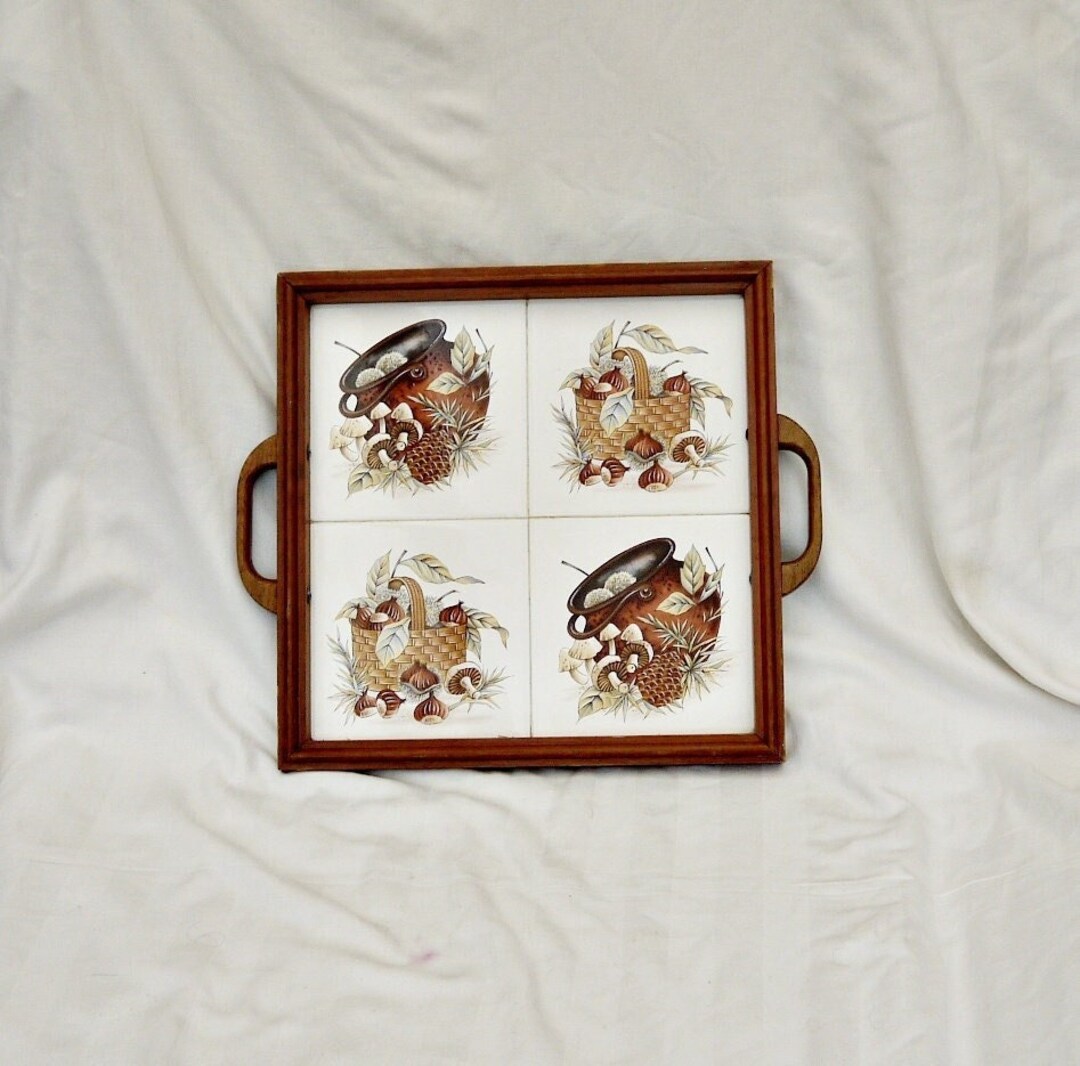 Vintage Oak Wood and Tiles Tray Solid Large Serving or Etsy