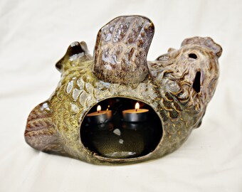 Photophore vintage poule en céramique : poterie émaillée brune et verte - France
