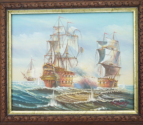 Vintage J.harvey Oil Painting: Galleons at Sea, Carved Wood Frame