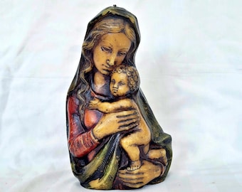 Antique Virgin Mary Candle: Hand-Painted Wax Statue, Religious Decor