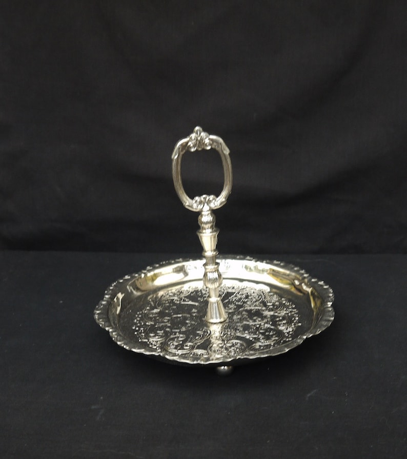 Vintage silver plate tray with handle Silver dessert serving Stand cupcake Serving tray Ornate Small tray on the feet Embossed Decorative
