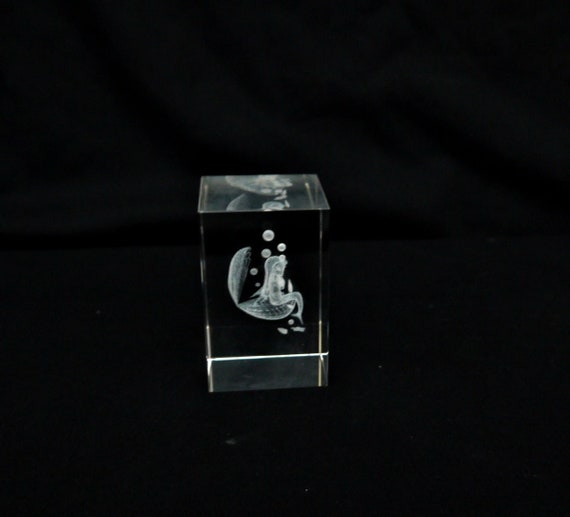 vintage crystal glass mermaid sitting in a shell 3D cube glass crystal