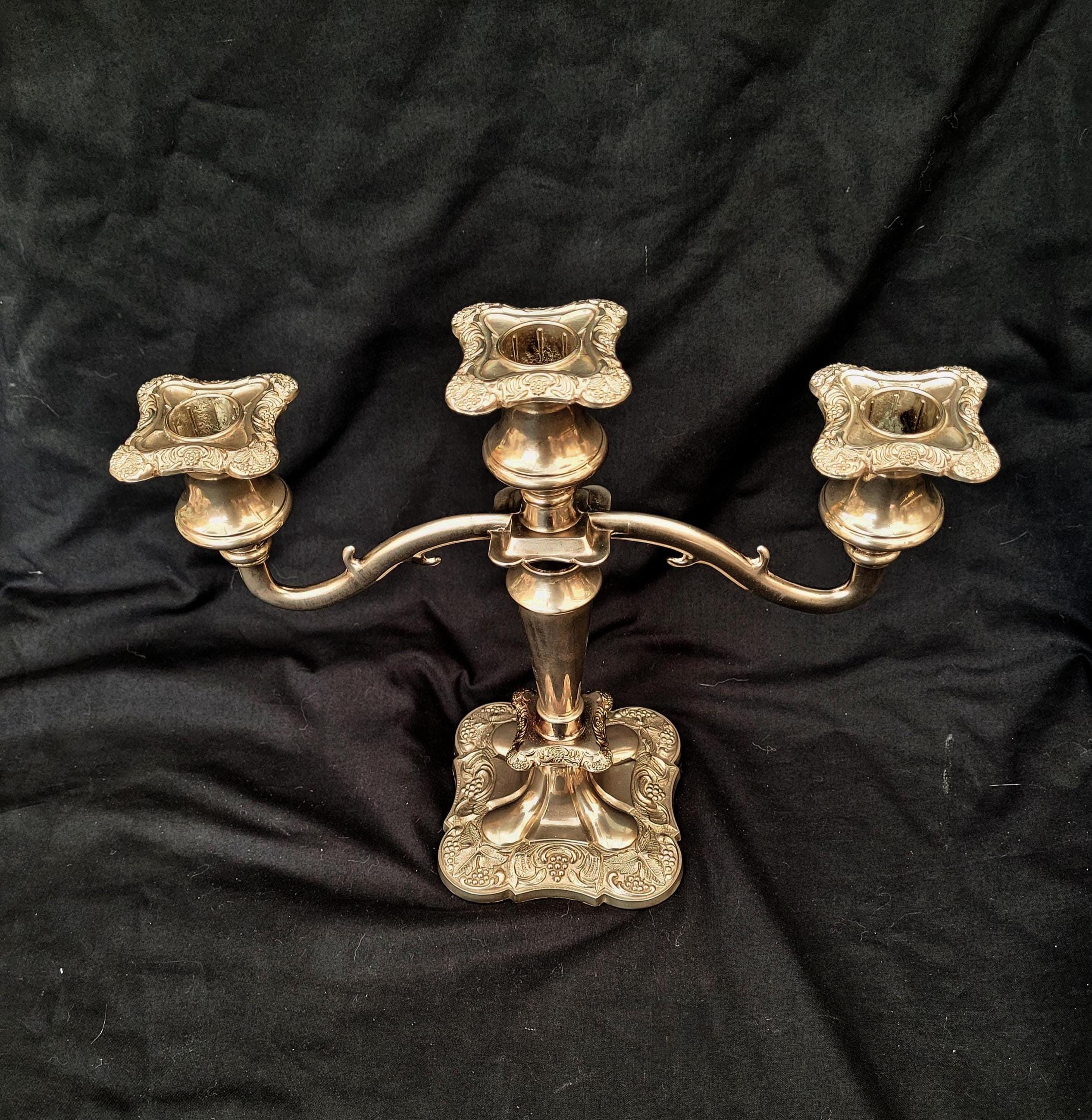 antique silver plate candelabra 3 arm ornate candelabra Victorian style marked stamped heavy ornate grapes centre piece candle holders solid