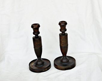 Carved Wooden Candlestick Set: Vintage Dark Brown Wood Candle Holders