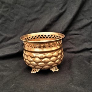 vintage planter brass and footers gold metal planter  bras pot French style brass flower pot ornate  embossed circle pot large planter