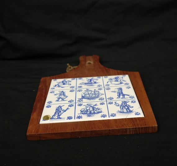 Wood and Ceramic Cutting Board With Handle Vintage German Cutting Board  Decor Kitchen With Hand Painted Tiles Blue and White Hand Crafted 