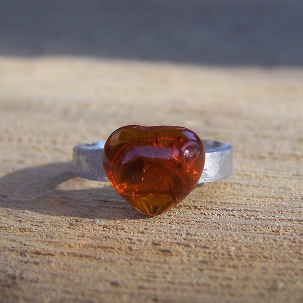 Genuine Baltic Amber Ring | Heart Ring | Amber Heart | Rustic Silver Ring | Size 6