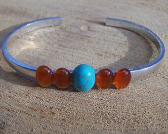 Turquoise and Carnelian Silver Cuff Bracelet | Gemstone Cuff Bracelet | Narrow Silver Cuff | Size Average