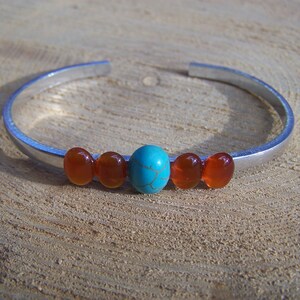 Turquoise and Carnelian Silver Cuff Bracelet | Gemstone Cuff Bracelet | Narrow Silver Cuff | Size Average