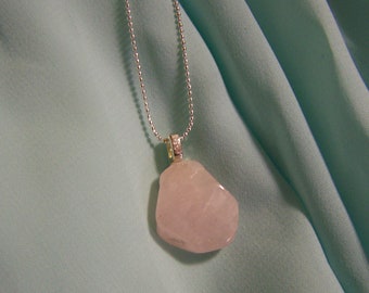 Rose Quartz Pendant Necklace | Simple and Elegant | Long Silver Chain