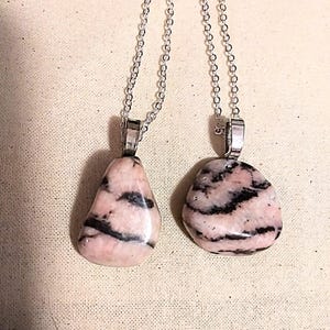 Rhodonite Pendant Necklace | Choice of Round or Teardrop Rhodonite | Pink Rhodonite Pendant with Chain | Silver Pendant | Long Silver Chain
