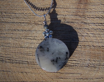 Tourmalinated Quartz Necklace | Round Rutilated Quartz Pendant | Black Tourmaline | Long Silver Chain