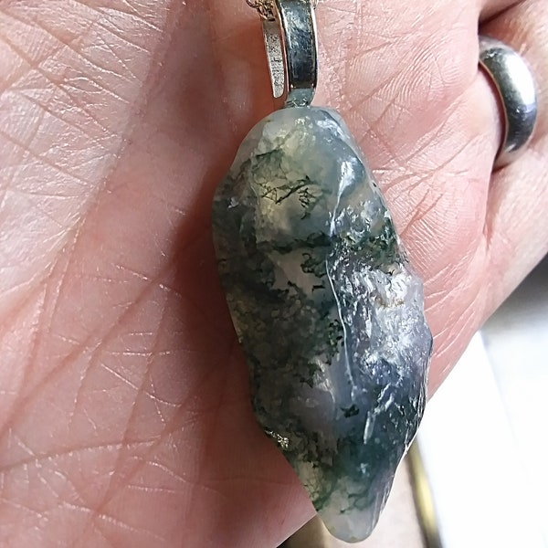 Absolutely Stunning Large Moss Agate Pendant | Gemstone Pendant Necklace | Genuine Rough Moss Agate | Organic | Long Silver Necklace