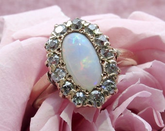 ANTIQUE Edwardian Opal and Old Mine Cut Diamond Pinky Ring