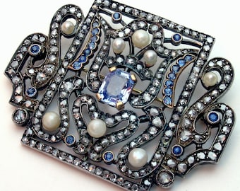 Keepsake Victorian Natural Sapphire, Pearl & Rose Cut Diamond Brooch