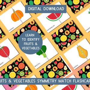 12 Symmetry Match Flashcards -Fruits & Veg- Digital Download Educational Flashcards Learn Fruits Vegetables Preschool Kindergarten Worksheet